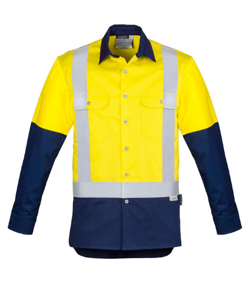 ZW124 Syzmik Mens Hi Vis Day/Night Industrial Shoulder Taped Long Sleeve Shirt, Yellow/Navy, Sizes 2XS to 7XL