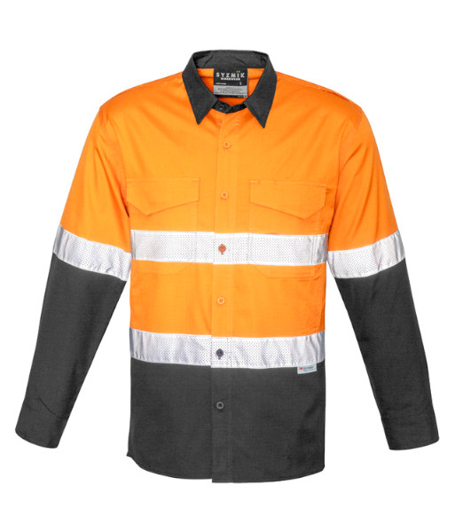 ZW129 Syzmik Mens Hi Vis Day/Night Rugged Cooling Taped Long Sleeve Shirt, Orange/Charcoal, Sizes 2XS to 7XL
