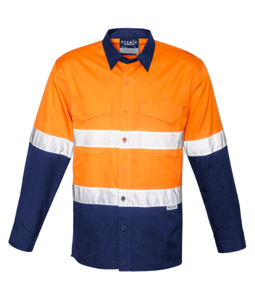 ZW129 Syzmik Mens Hi Vis Day/Night Rugged Cooling Taped Long Sleeve Shirt, Orange/Navy, Sizes 2XS to 7XL