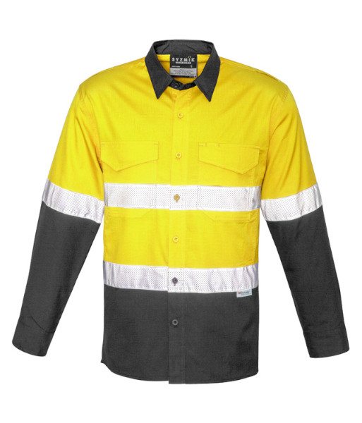 ZW129 Syzmik Mens Hi Vis Day/Night Rugged Cooling Taped Long Sleeve Shirt, Yellow/Charcoal, Sizes 2XS to 7XL