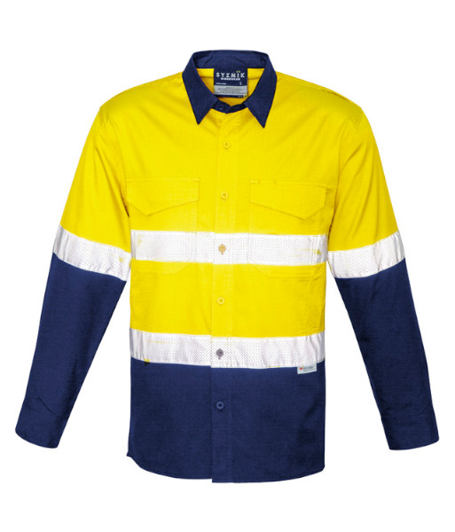 ZW129 Syzmik Mens Hi Vis Day/Night Rugged Cooling Taped Long Sleeve Shirt, Yellow/Navy, Sizes 2XS to 7XL