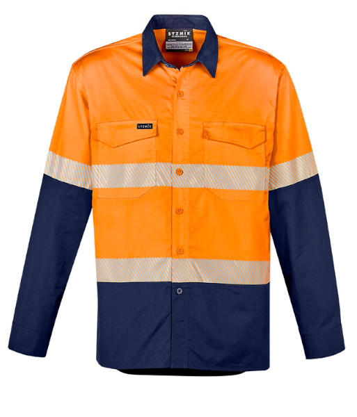 ZW229 Syzmik Mens Hi Vis Day/Night Rugged Cooling Segmented Tape Long Sleeve Shirt, Orange/Navy, Sizes 2XS to 7XL