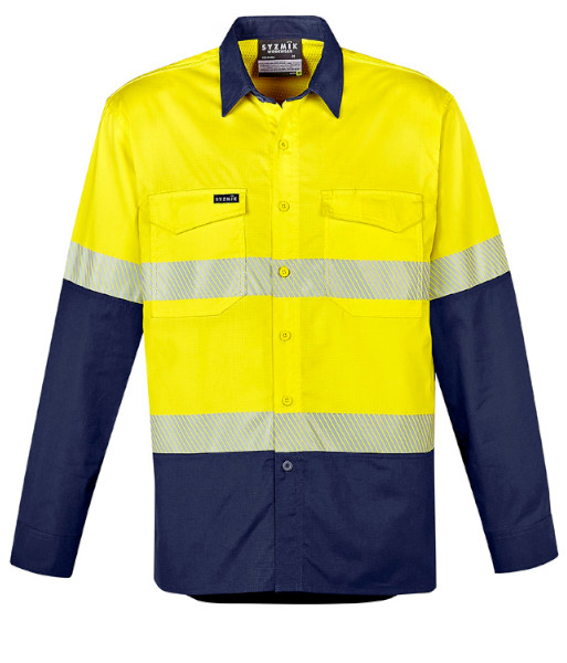 ZW229 Syzmik Mens Hi Vis Day/Night Rugged Cooling Segmented Tape Long Sleeve Shirt, Yellow/Navy, Sizes 2XS to 7XL
