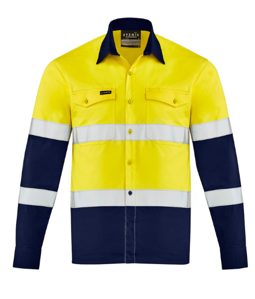 ZW520 Syzmik Mens Hi Vis Day/Night Lightweight Bio Motion Long Sleeve Shirt, Yellow/Navy, Sizes 2XS to 7XL