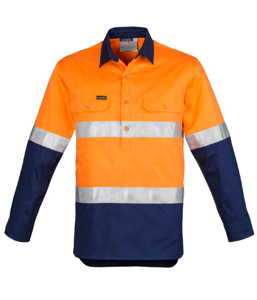 ZW550 Syzmik Mens Hi Vis Day/Night Closed Front Hoop Taped Long Sleeve Shirt, Orange/Navy, Sizes 2XS to 7XL