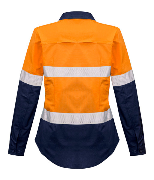 ZW720 Syzmik Womens Hi Vis Day/Night Rugged Cooling Taped Long Sleeve Shirt, Orange/Navy, Sizes 8 to 24