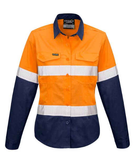 ZW720 Syzmik Womens Hi Vis Day/Night Rugged Cooling Taped Long Sleeve Shirt, Orange/Navy, Sizes 8 to 24