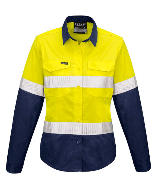 ZW720 Syzmik Womens Hi Vis Day/Night Rugged Cooling Taped Long Sleeve Shirt, Yellow/Navy, Sizes 8 to 24