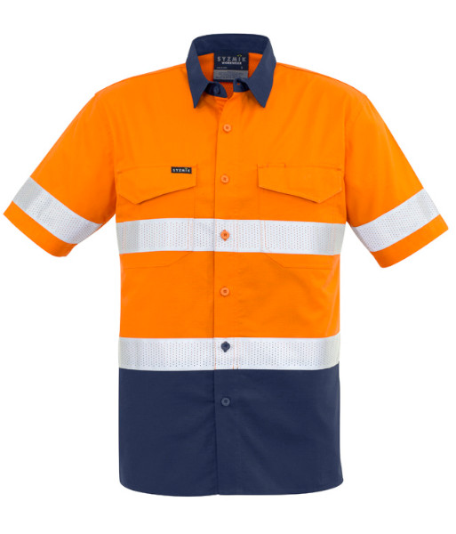 ZW835 Syzmik Mens Hi Vis Day/Night Rugged Cooling Taped Short Sleeve Shirt, Orange/Navy, Sizes 2XS to 7XL