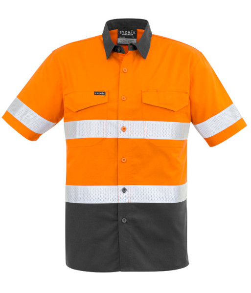 ZW835 Syzmik Mens Hi Vis Day/Night Rugged Cooling Taped Short Sleeve Shirt, Orange/Charcoal, Sizes 2XS to 7XL