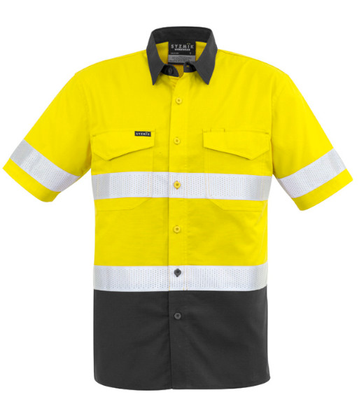 ZW835 Syzmik Mens Hi Vis Day/Night Rugged Cooling Taped Short Sleeve Shirt, Yellow/Charcoal, Sizes 2XS to 7XL