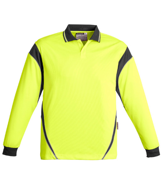 ZH249 Syzmik Mens Hi Vis Day Only Long Sleeve Aztec Polo, Yellow/Charcoal, Sizes XS to 7XL