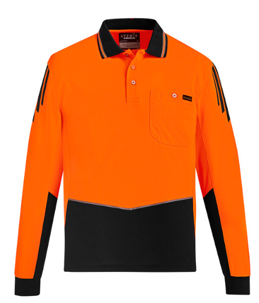 ZH310 Syzmik Mens Hi Vis Day Only Long Sleeve Flux Polo, Orange/Black, Sizes 2XS to 7XL