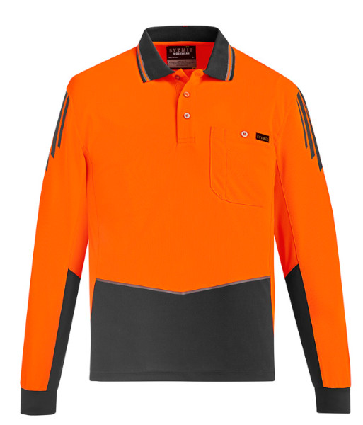 ZH310 Syzmik Mens Hi Vis Day Only Long Sleeve Flux Polo, Orange/Charcoal, Sizes 2XS to 7XL