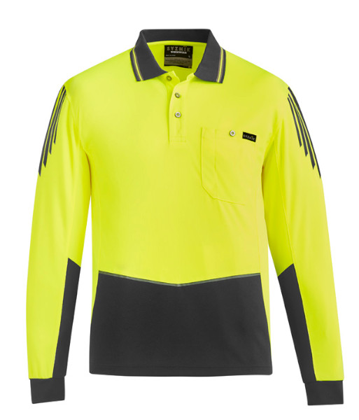 ZH310 Syzmik Mens Hi Vis Day Only Long Sleeve Flux Polo, Yellow/Charcoal, Sizes 2XS to 7XL