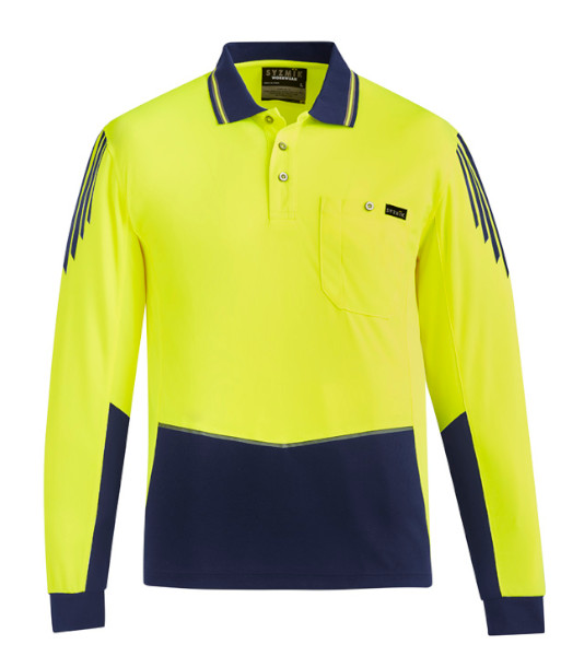 ZH310 Syzmik Mens Hi Vis Day Only Long Sleeve Flux Polo, Yellow/Navy, Sizes 2XS to 7XL