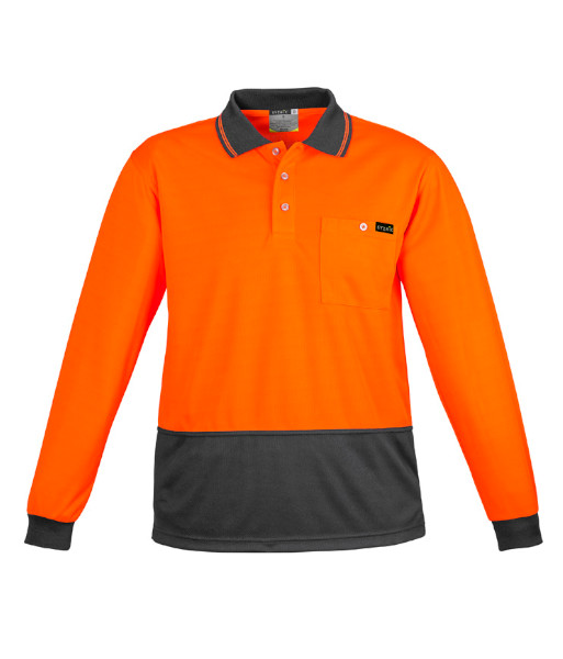 ZH410 Syzmik Mens Hi Vis Day Only Long Sleeve Comfort Back Polo, Orange/Charcoal, Sizes 2XS to 7XL
