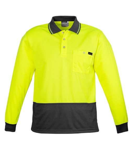 ZH410 Syzmik Mens Hi Vis Day Only Long Sleeve Comfort Back Polo, Yellow/Charcoal, Sizes 2XS to 7XL