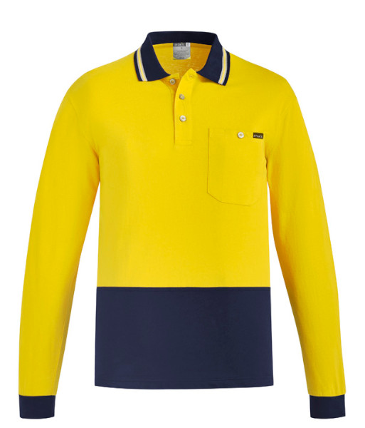 ZH430 Syzmik Mens Hi Vis Day Only Long Sleeve Cotton Polo, Yellow/Navy, Sizes 2XS to 7XL