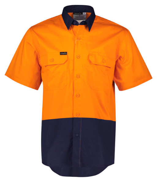 ZW115 Syzmik Mens Hi Vis Day Only Short Sleeve Shirt, Orange/Navy, Sizes 2XS to 7XL