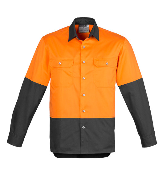 ZW122 Syzmik Mens Hi Vis Day Only Industrial Long Sleeve Shirt, Orange/Charcoal, Sizes S to 7XL
