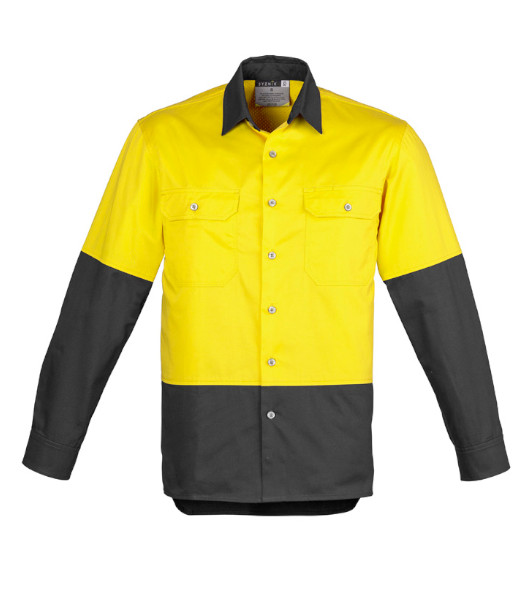 ZW122 Syzmik Mens Hi Vis Day Only Industrial Long Sleeve Shirt, Yellow/Charcoal, Sizes S to 7XL
