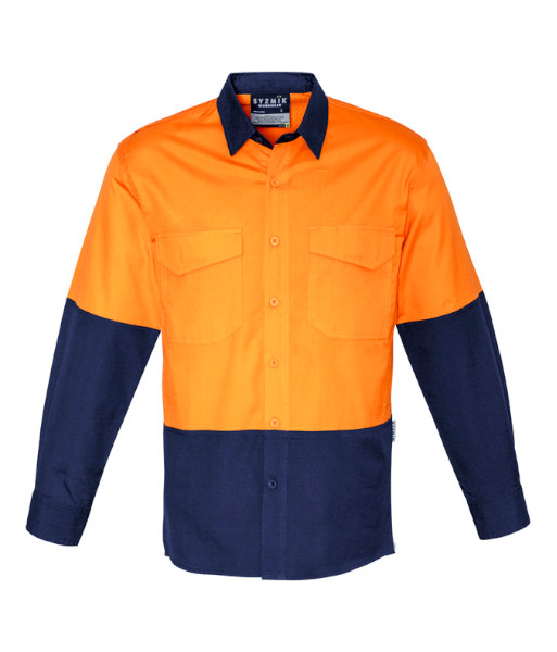 ZW128 Syzmik Mens Hi Vis Day Only Rugged Cooling Long Sleeve Shirt, Orange/Navy, Sizes 2XS to 7XL