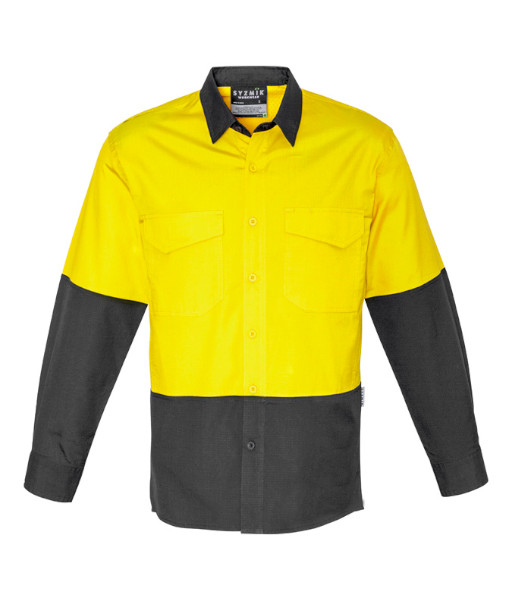 ZW128 Syzmik Mens Hi Vis Day Only Rugged Cooling Long Sleeve Shirt, Yellow/Charcoal, Sizes 2XS to 7XL