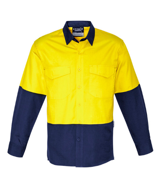 ZW128 Syzmik Mens Hi Vis Day Only Rugged Cooling Long Sleeve Shirt, Yellow/Navy, Sizes 2XS to 7XL