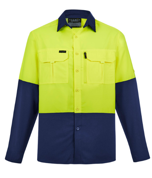 ZW468 Syzmik Mens Hi Vis Day Only Outdoor Long Sleeve Shirt, Yellow/Navy, Sizes 2XS to 7XL
