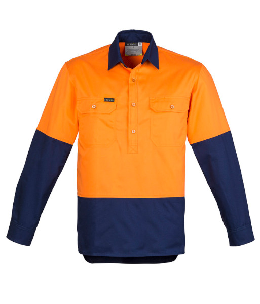 ZW560 Syzmik Mens Hi Vis Day Only Closed Front Long Sleeve Shirt, Orange/Navy, Sizes 2XS to 7XL