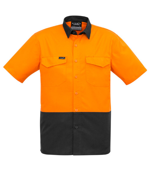 ZW815 Syzmik Mens Hi Vis Day Only Rugged Cooling Short Sleeve Shirt, Orange/Charcoal, Sizes 2XS to 7XL