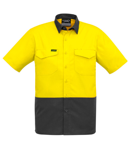 ZW815 Syzmik Mens Hi Vis Day Only Rugged Cooling Short Sleeve Shirt, Yellow/Charcoal, Sizes 2XS to 7XL
