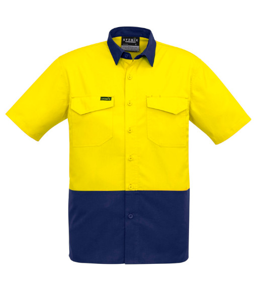 ZW815 Syzmik Mens Hi Vis Day Only Rugged Cooling Short Sleeve Shirt, Yellow/Navy, Sizes 2XS to 7XL