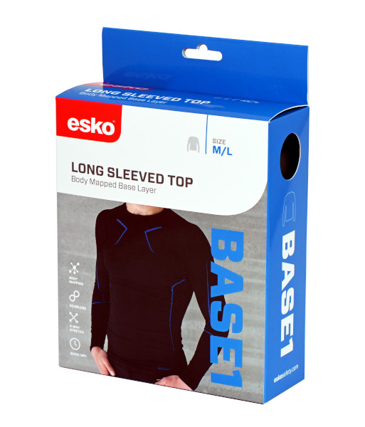A4TTOP-BLKB Esko Base1 Body Mapped Base Layer Long Sleeve Top, Black, Sizes M/L to 3XL/4XL