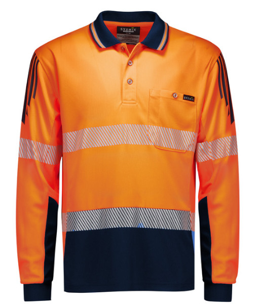 ZH550 Syzmik Mens Hi Vis Day/Night Long Sleeve Flux Segmented Tape Polo, Orange/Navy, Sizes 2XS to 7XL