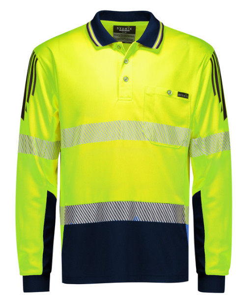 ZH550 Syzmik Mens Hi Vis Day/Night Long Sleeve Flux Segmented Tape Polo, Yellow/Navy, Sizes 2XS to 7XL