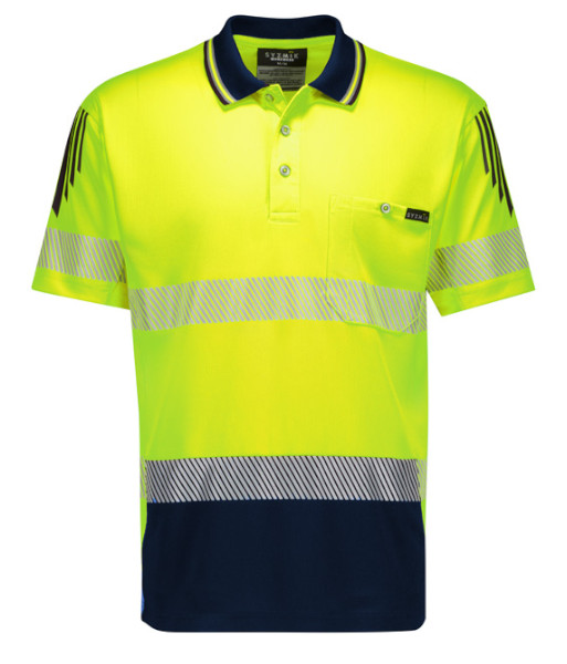 ZH555 Syzmik Mens Hi Vis Day/Night Short Sleeve Flux Segmented Tape Polo, Yellow/Navy, Sizes 2XS to 7XL