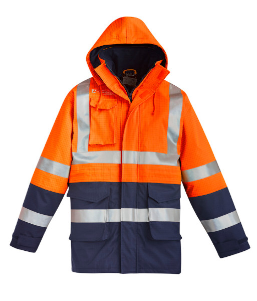 ZJ900 Syzmik Mens Hi Vis Day/Night Orange Flame Arc Rated Antistatic Waterproof Jacket, Orange/Navy, Sizes 2XS to 7XL