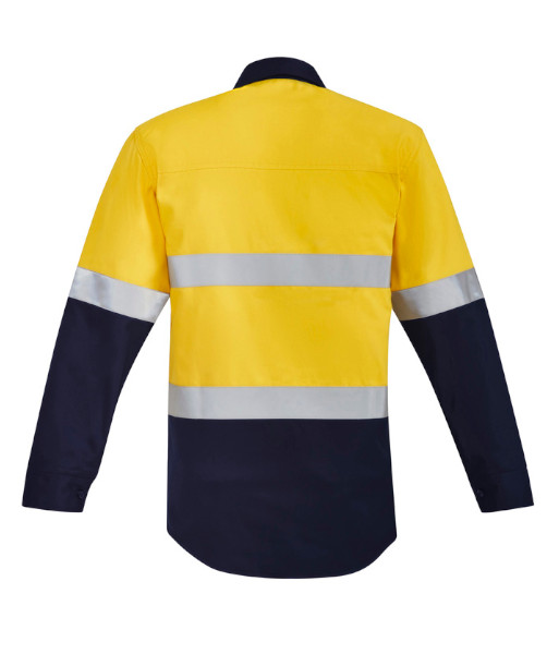 ZW140 Syzmik Mens Hi Vis Day/Night Long Sleeve Orange Flame Open Front Spliced Shirt – Hoop Taped, Yellow/Navy, Sizes 2XS to 7XL