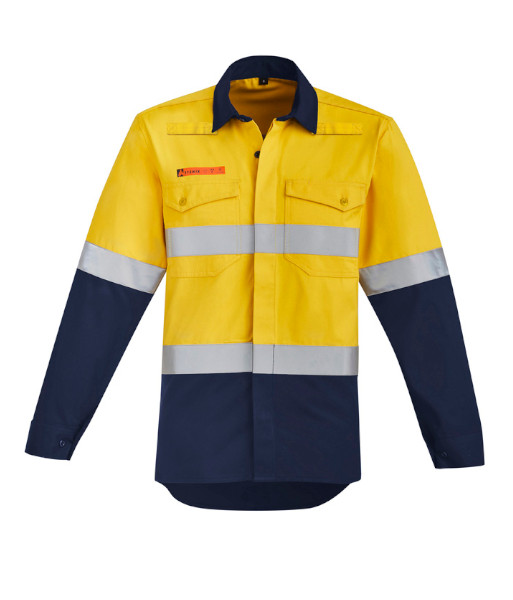 ZW140 Syzmik Mens Hi Vis Day/Night Long Sleeve Orange Flame Open Front Spliced Shirt – Hoop Taped, Yellow/Navy, Sizes 2XS to 7XL