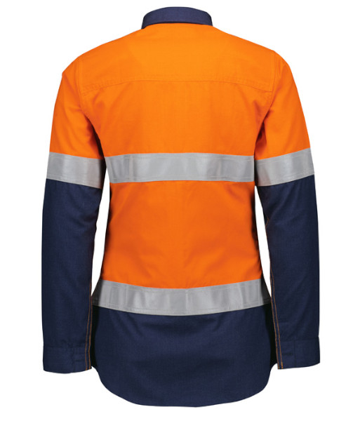 ZW170 Syzmik Womens Hi Vis Day/Night Long Sleeve Orange Flame Lightweight Ripstop Taped Shirt, Orange/Navy, Sizes 8 to 24