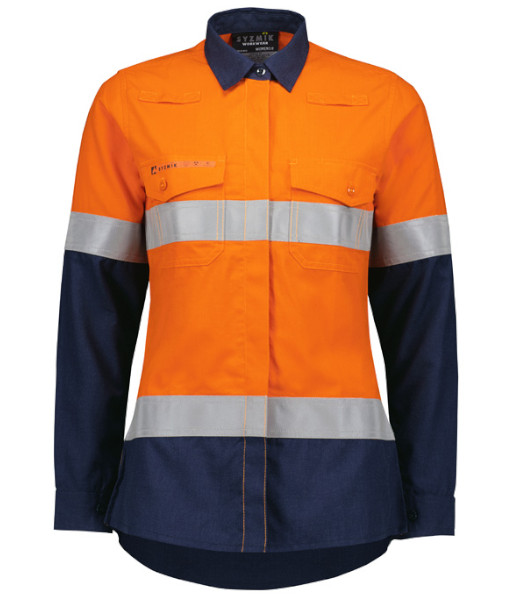 ZW170 Syzmik Womens Hi Vis Day/Night Long Sleeve Orange Flame Lightweight Ripstop Taped Shirt, Orange/Navy, Sizes 8 to 24