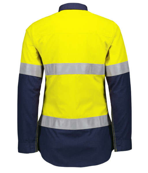 ZW170 Syzmik Womens Hi Vis Day/Night Long Sleeve Orange Flame Lightweight Ripstop Taped Shirt, Yellow/Navy, Sizes 8 to 24