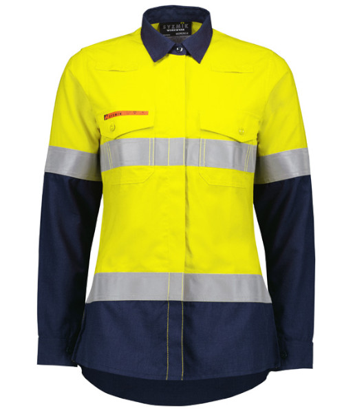 ZW170 Syzmik Womens Hi Vis Day/Night Long Sleeve Orange Flame Lightweight Ripstop Taped Shirt, Yellow/Navy, Sizes 8 to 24