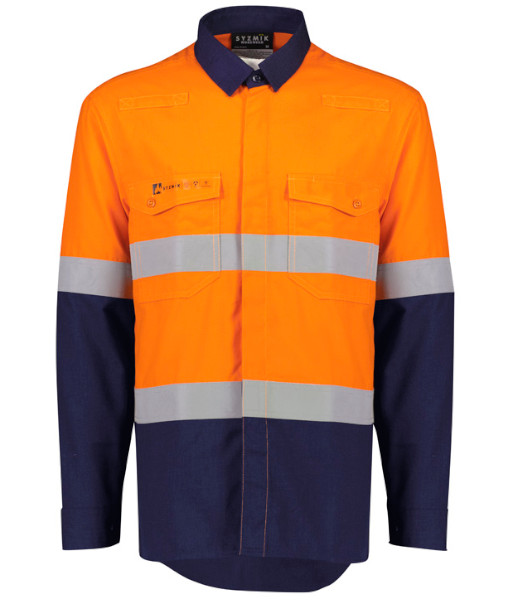 ZW180 Syzmik Mens Hi Vis Day/Night Long Sleeve Orange Flame Lightweight Ripstop Shirt – Hoop Taped, Orange/Navy, Sizes 2XS to 7XL