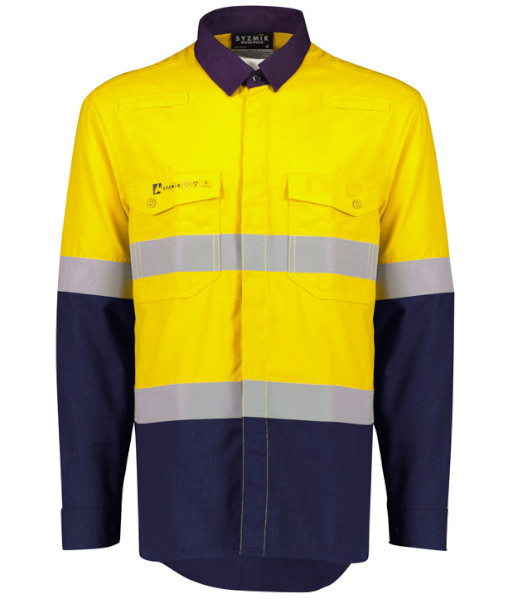 ZW180 Syzmik Mens Hi Vis Day/Night Long Sleeve Orange Flame Lightweight Ripstop Shirt – Hoop Taped, Yellow/Navy, Sizes 2XS to 7XL