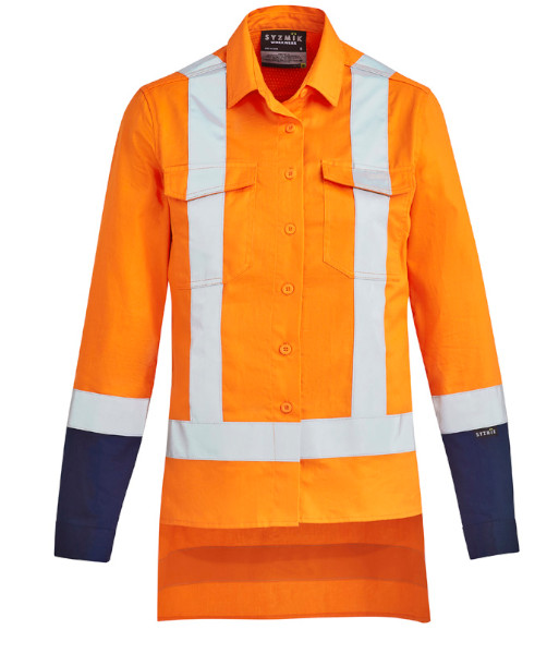 ZW730 Syzmik Womens Hi Vis TTMC-W23 Day/Night Long Sleeve Drill Work Shirt, Orange/Navy, Sizes 8 to 24