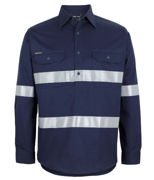 6HWCT JB’s Hi-Vis Night Only Long Sleeve 150g Cotton Close Front Work Shirt with Reflective Tape, Navy, Sizes 2XS to 5XL