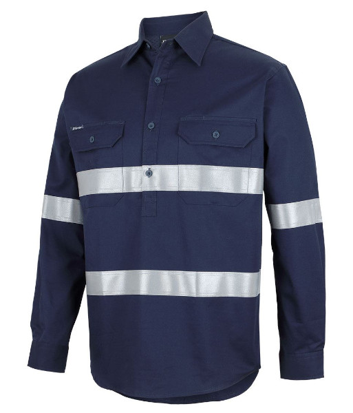 6HWCT JB’s Hi-Vis Night Only Long Sleeve 150g Cotton Close Front Work Shirt with Reflective Tape, Navy, Sizes 2XS to 5XL